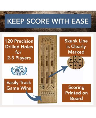 Classic Cribbage Set - Solid Wood Continuous 3 Track Board with Metal Pegs