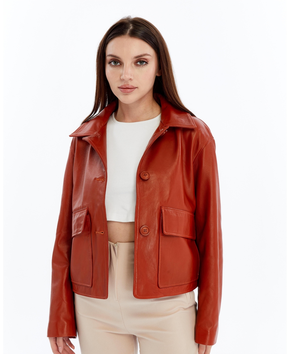 Women's Cropped Leather Jacket, Created for Macy's - Whiskey brown