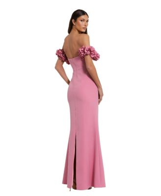 Women's Off-the-Shoulder Crepe Gown with 3D Floral Applique