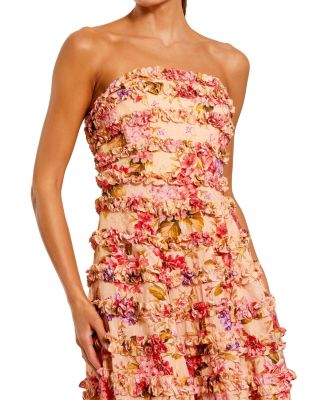 Women's Pink Ruffle Strapless Ankle Cotton Dress