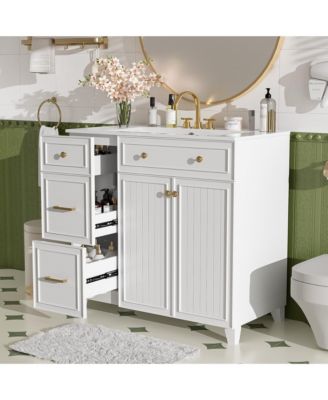 36" Bathroom Vanity with Ceramic Sink, Double-Layer Drawers, Soft-Close Doors and Adjustable Shelves