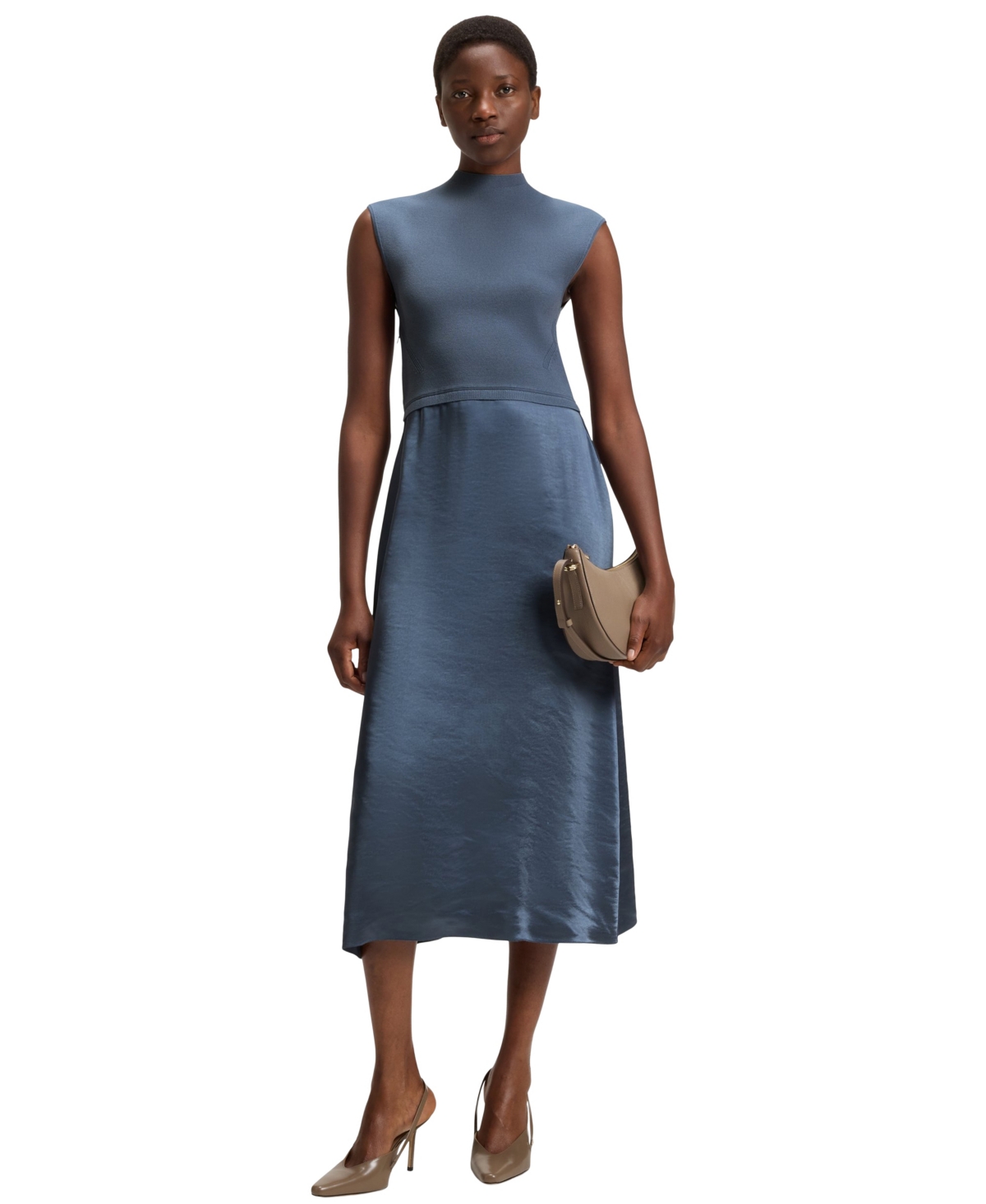 Hugo Boss Knitted Dress With Satin Skirt In Blue