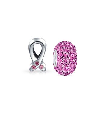 Set Of 2 Empowering Pink Ribbon Breast Cancer Survivor Solid Dark Pink Cz Spacer Charm Bead Sterling Silver