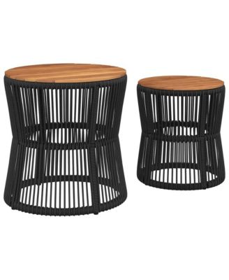 Garden Side Table Black and brown PE rattan 2 pcs Stackable