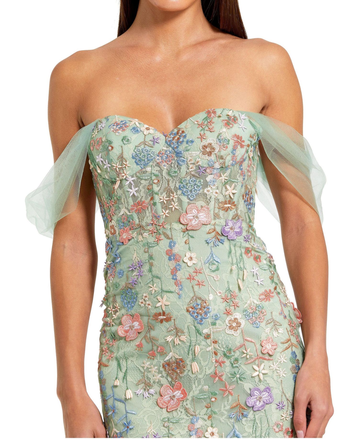 Women's Off The Shoulder Bustier Emboridered Net Gown