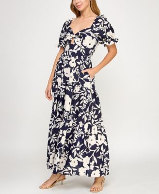 Juniors' Woven Printed Fit & Flare Maxi Dress