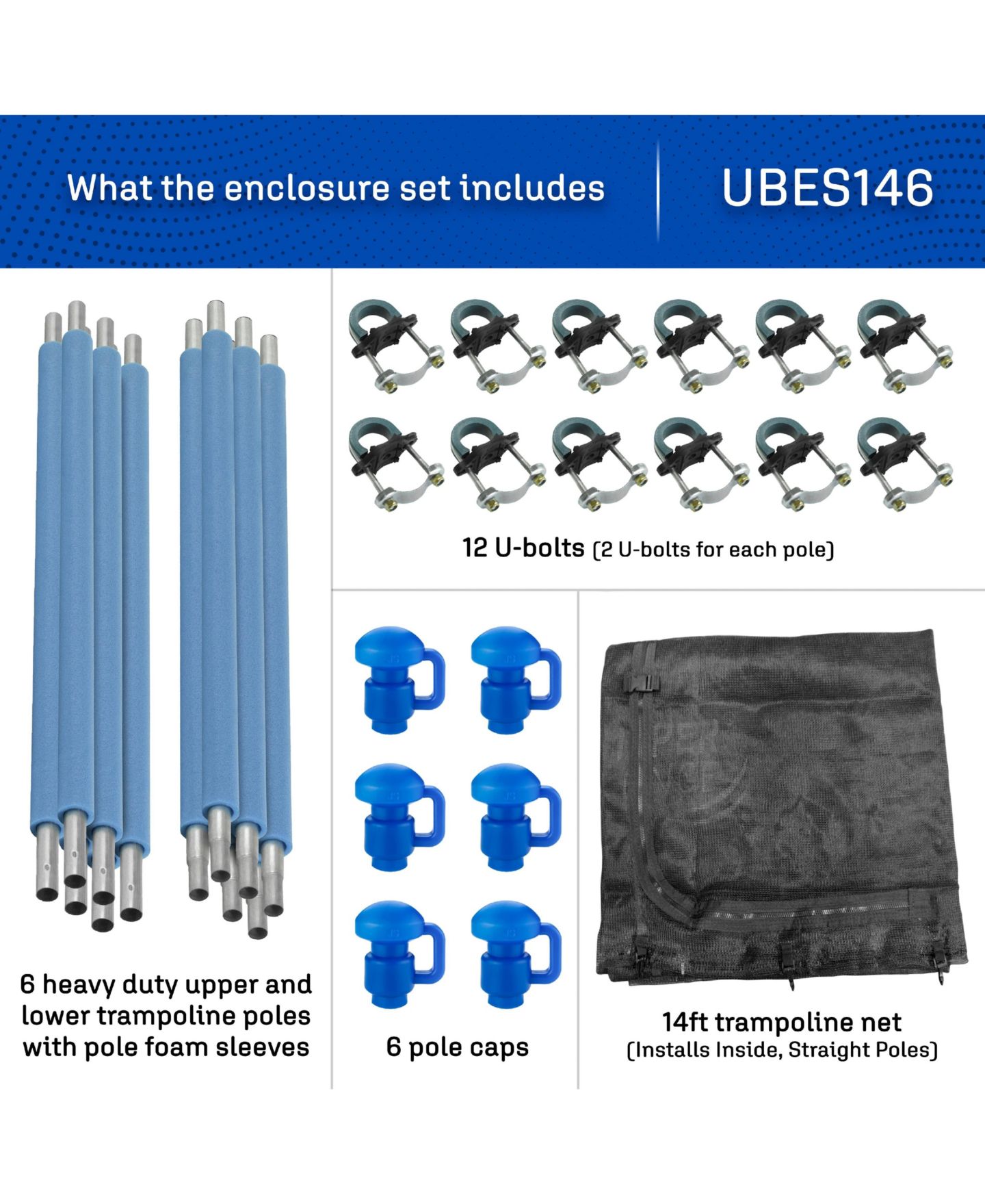 Детские игрушки PlexaLife 14 FT Trampoline Safety Enclosure Set including Net, 6 Poles(with 6 pole caps)Trampoline Pole Foam Sleeves, Installs Inside the Frame, цвет: Синий — фото 5