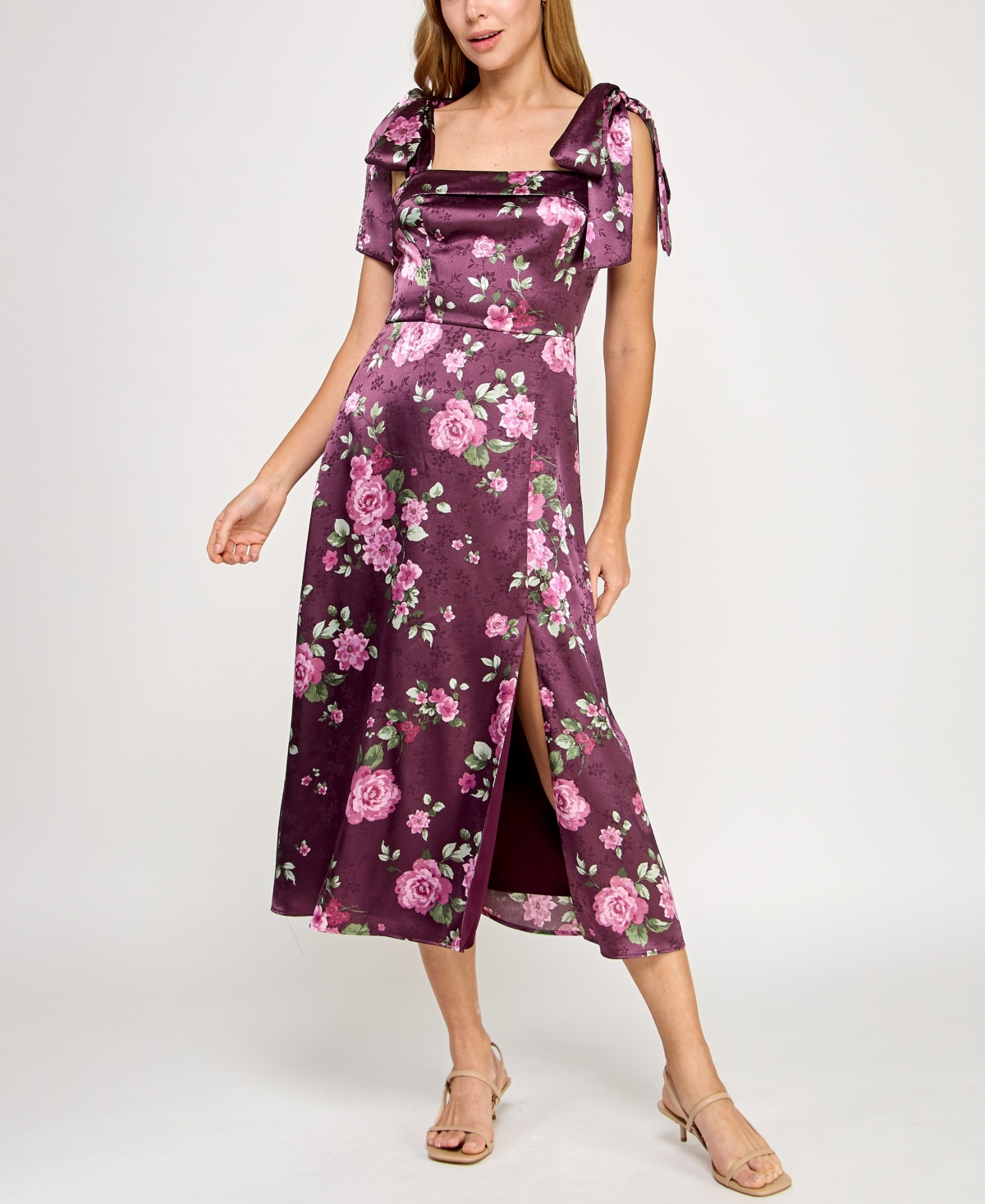 Juniors' Satin Printed Fit & Flare Midi Dress - Purple