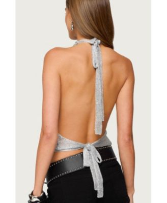 Women's Shiny Knit Cowl Neck Backless Top