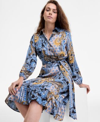 Women's Collared Paisley Tie-Waist Shirtdress
