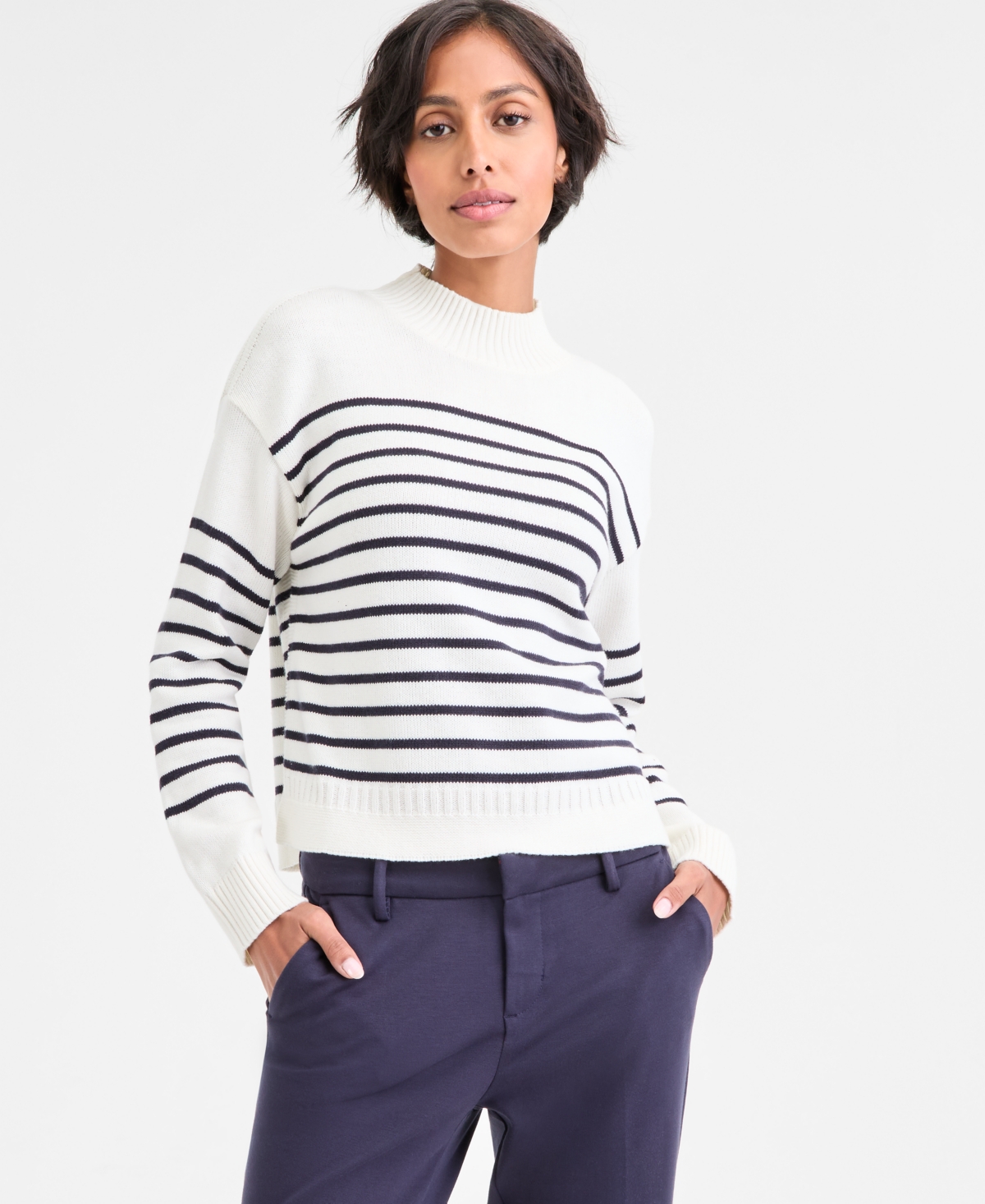 Nautica Jeans Women's Mock-neck Stripe Long-sleeve Sweater