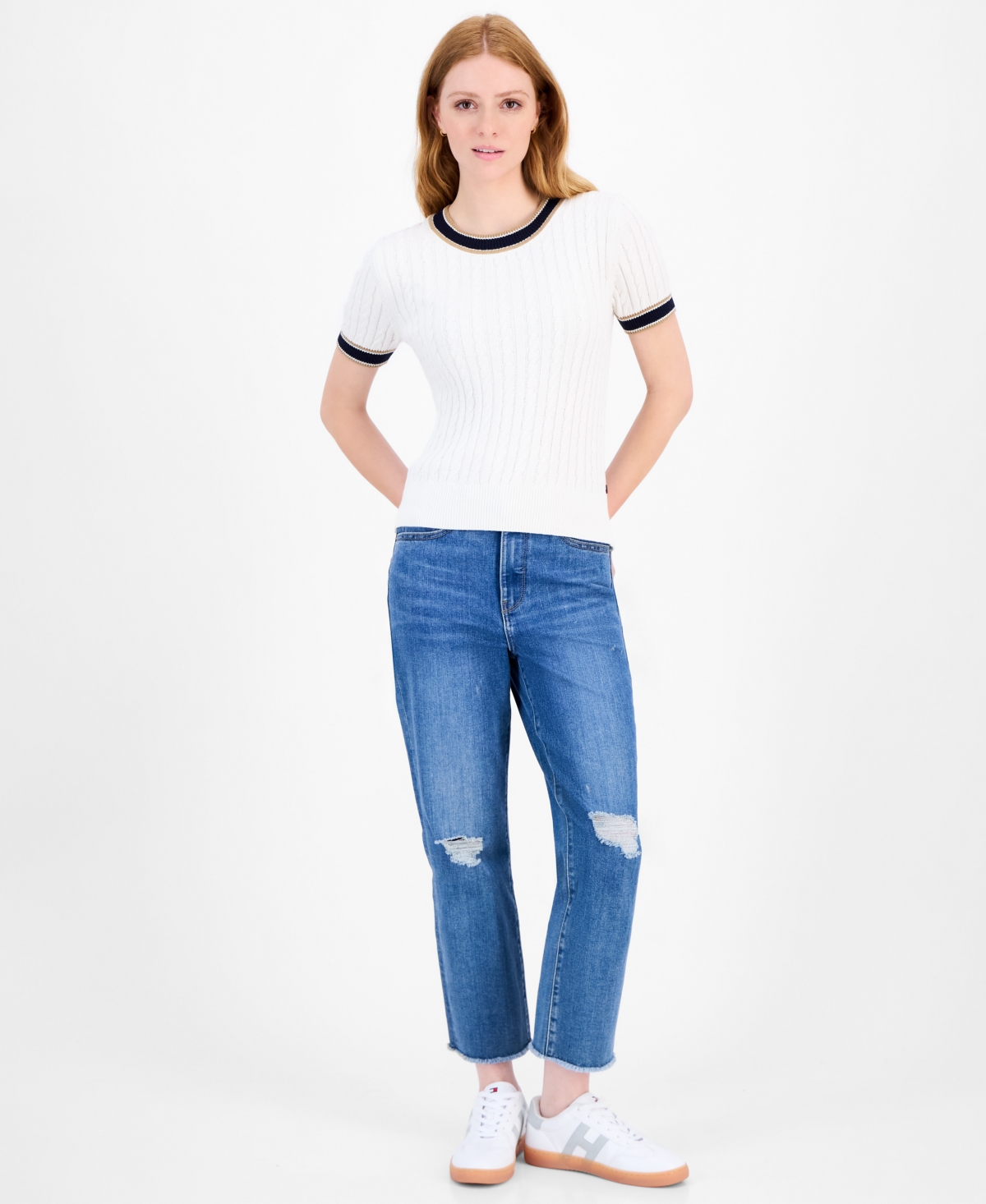 Tommy Hilfiger Women's Cotton Short-sleeve Cable Knit Sweater In Multi