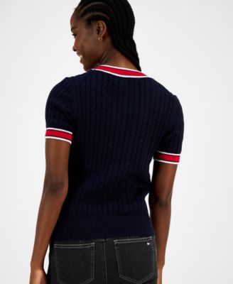 Women's Cotton Short-Sleeve Cable Knit Sweater 