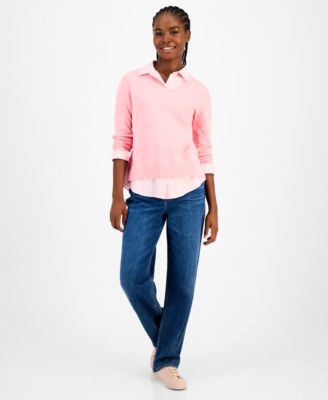 Women's Cotton Twofer V-Neck Long-Sleeve Sweater