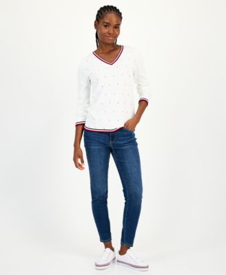 Women's Cotton Hotfix Cluster V-Neck Sweater