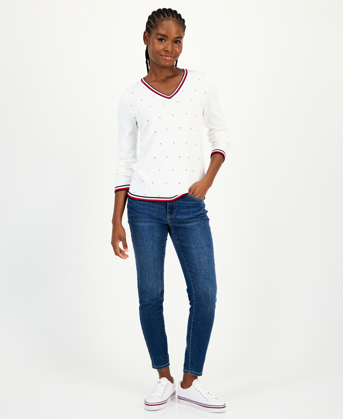 Tommy Hilfiger Women's Cotton Hotfix Cluster V-neck Sweater In White