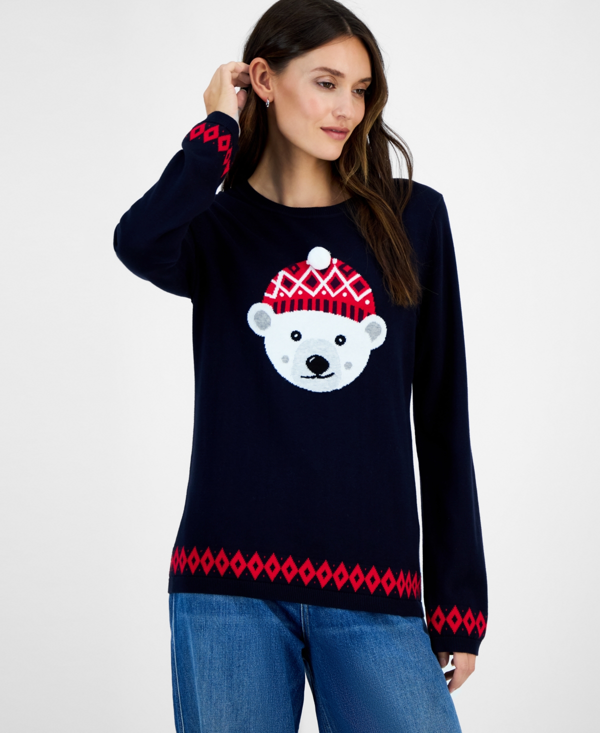 Tommy Hilfiger Women's Cotton Beanie Bear Crewneck Sweater In Black