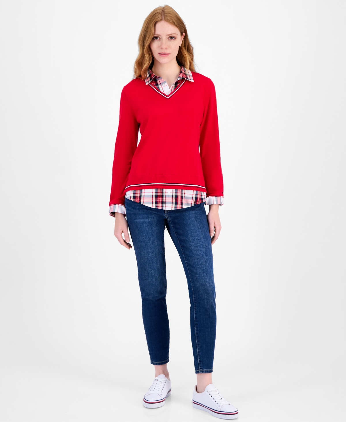 Tommy Hilfiger Women's Cotton Twofer V-neck Long-sleeve Sweater In Red