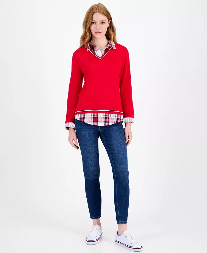 Women's Cotton Twofer V-Neck Long-Sleeve Sweater