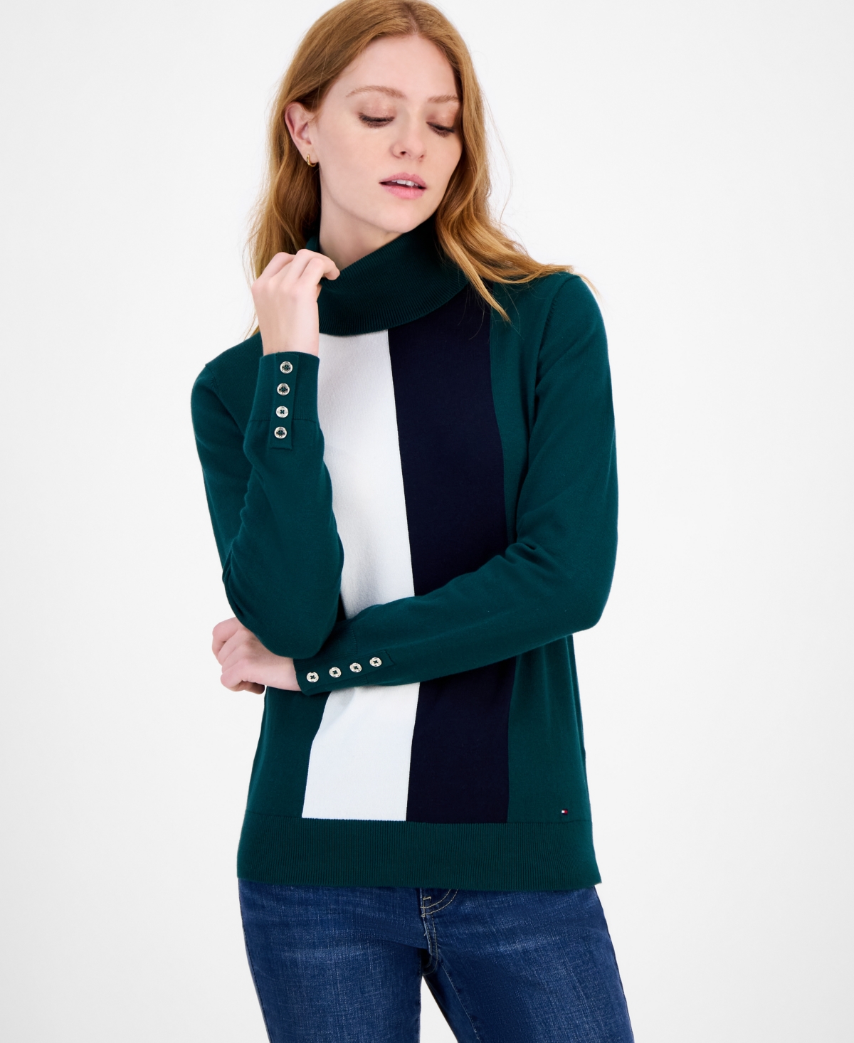 Tommy Hilfiger Women's Cotton Vertical Stripe Turtleneck Sweater In Green