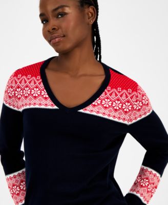 Women's Cotton Fair Isle V-Neck Sweater 