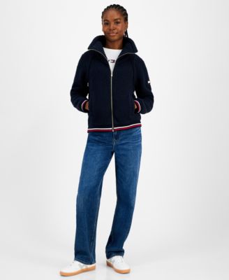 Women's Faux-Sherpa Contrast-Rib Bomber Jacket