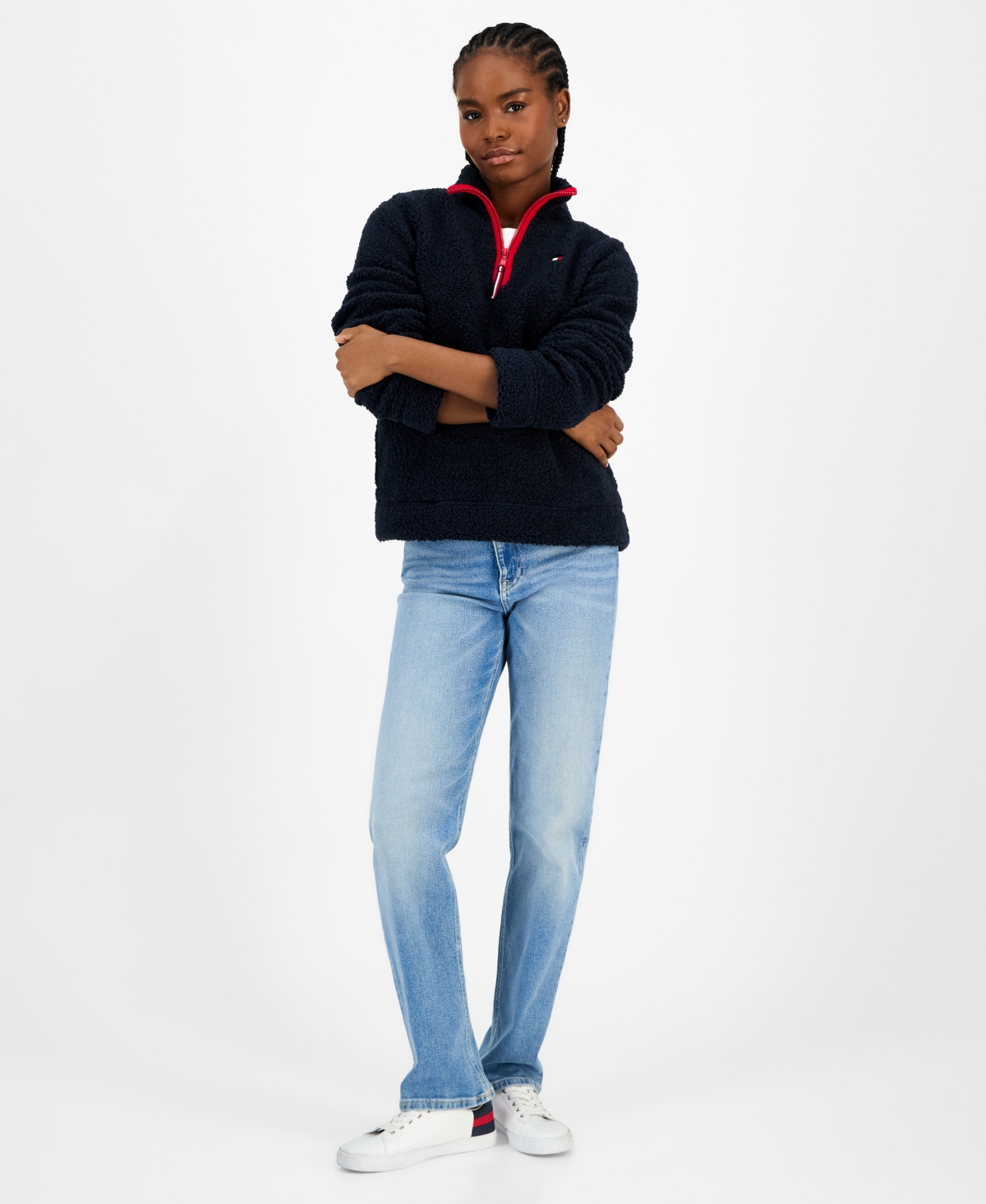 Tommy Hilfiger Women's Quarter-zip Faux-sherpa Jacket In Blue