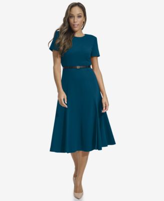 Calvin Klein - Women's Short-Sleeve Belted A-Line Dress