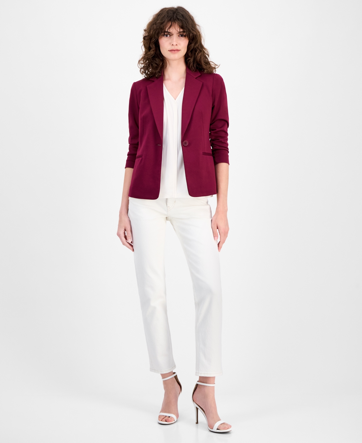 Ak Anne Klein Women's Ruched-sleeve One-button Jacket In Burgundy