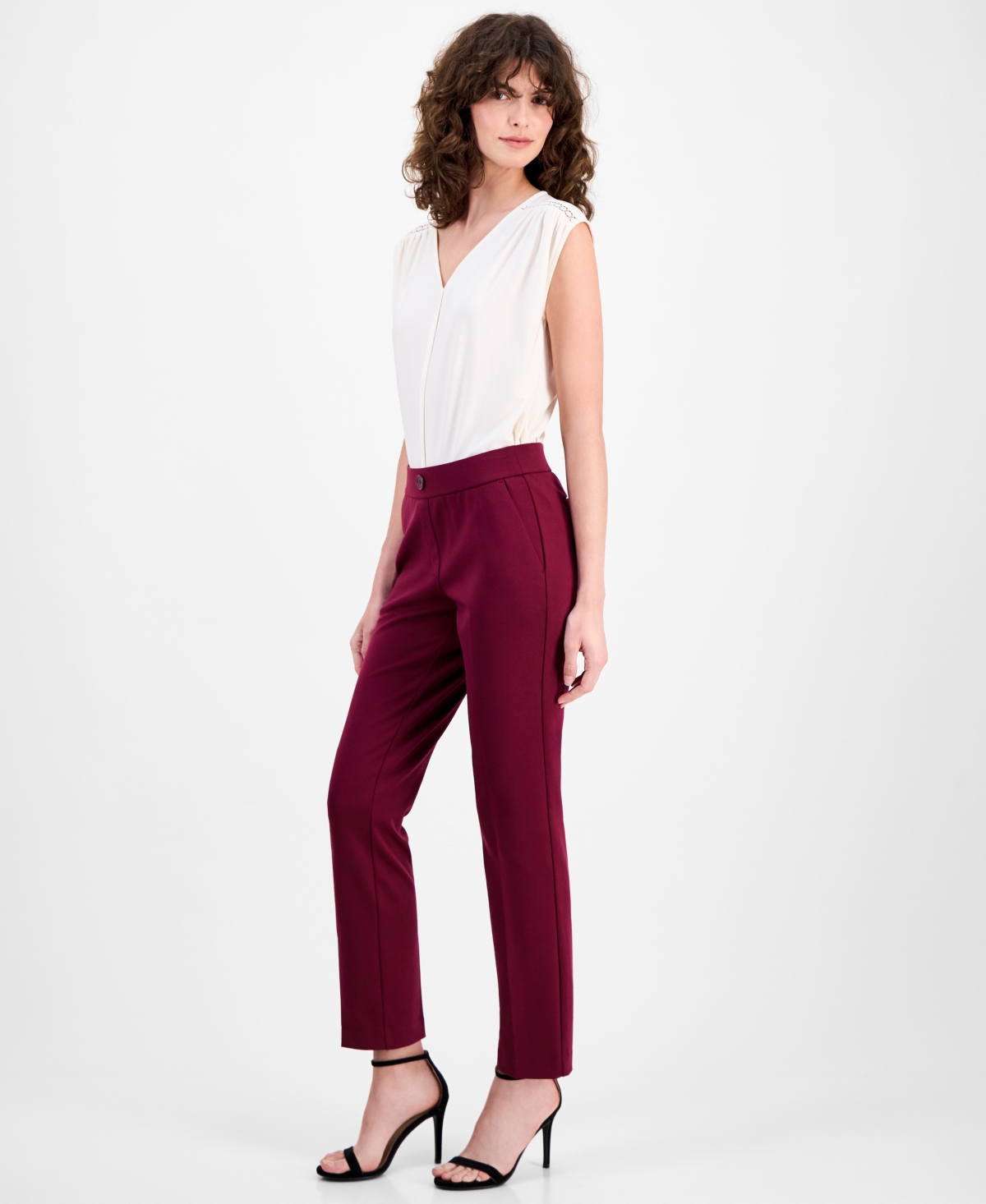 Ak Anne Klein Petite Mid-rise Straight-leg Ankle Pants In Burgundy