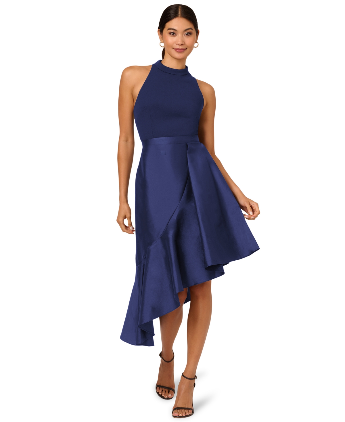 Women's Mixed-Media Sleeveless Ruffle-Trim Dress - Light Navy