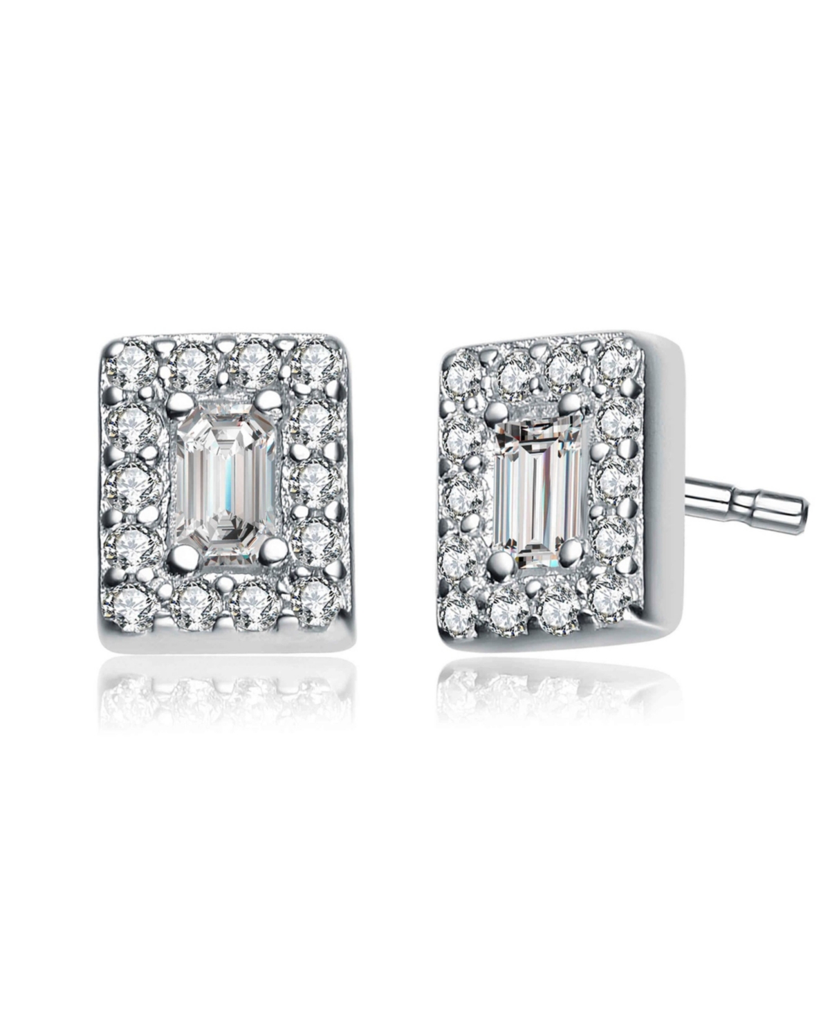 Sterling Silver White Gold Plating with Clear Cubic Zirconia Square Earrings - White