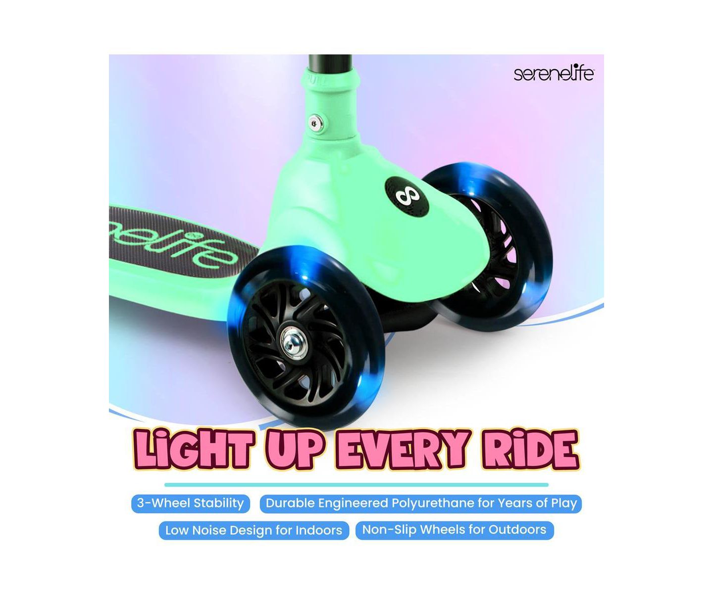 Детская игрушка SereneLife 3-Wheel Built-in LED Wheel Lights Foldable Kid Kick Scooter, Ages 2+, цвет: Зелёный — фото 5