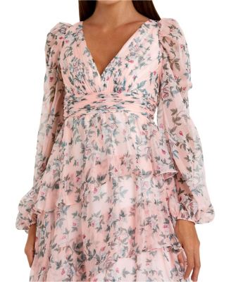 Mac Duggal Women's Elegant Puff Sleeve Floral Midi Dress