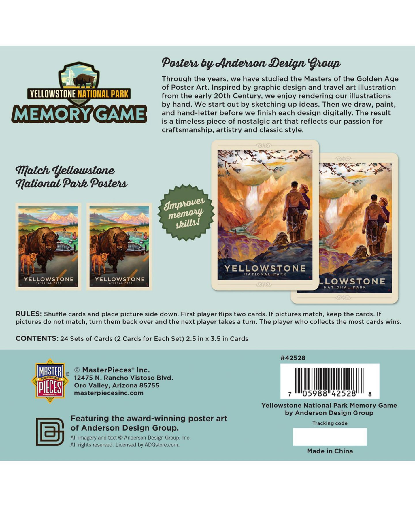 Детские настольные игры MasterPieces Puzzles Yellowstone National Park Memory Game, 48 Cards (24 Pairs), от 3 лет — фото 3