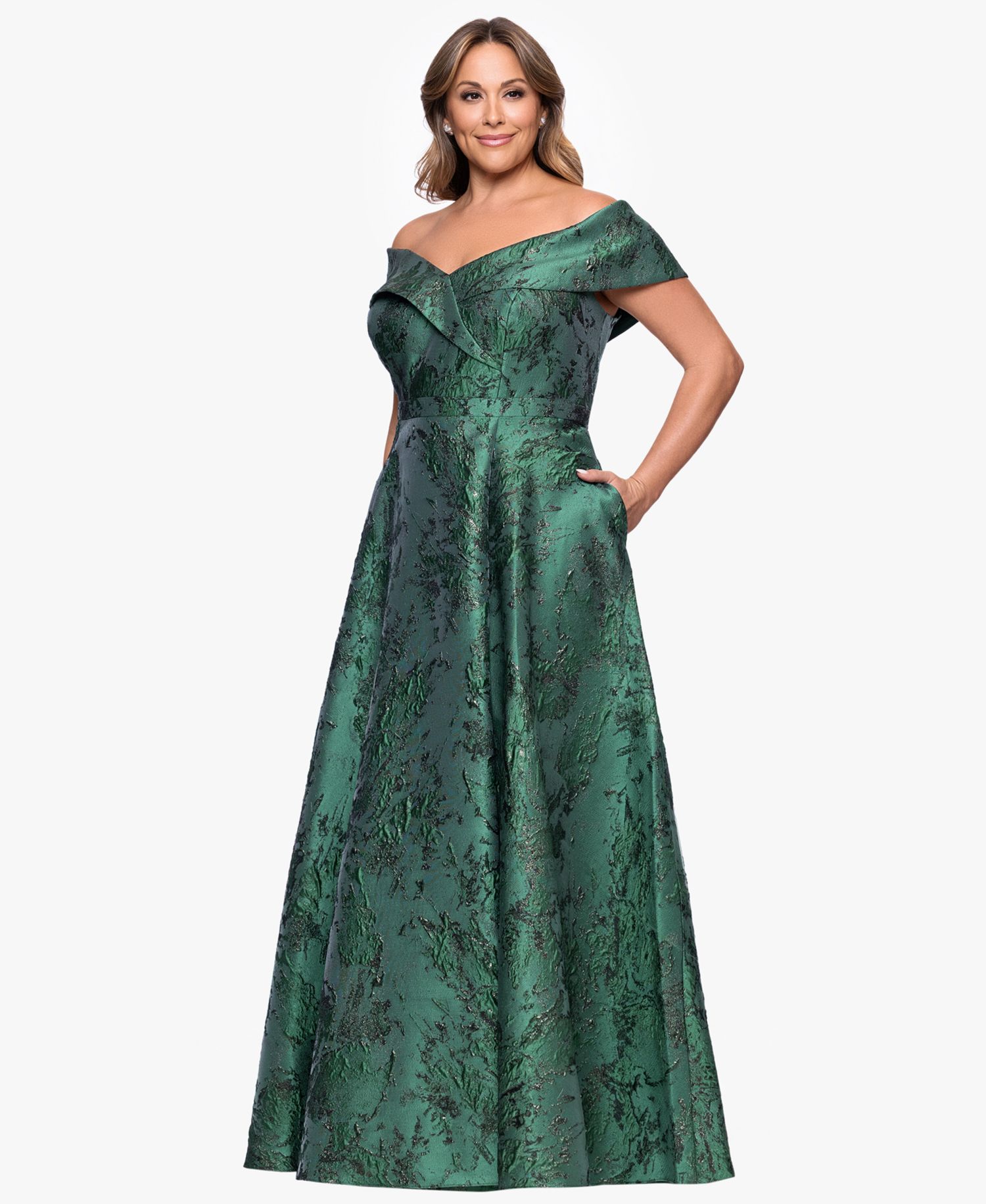 Petite Metallic Brocade Off-the-Shoulder Gown