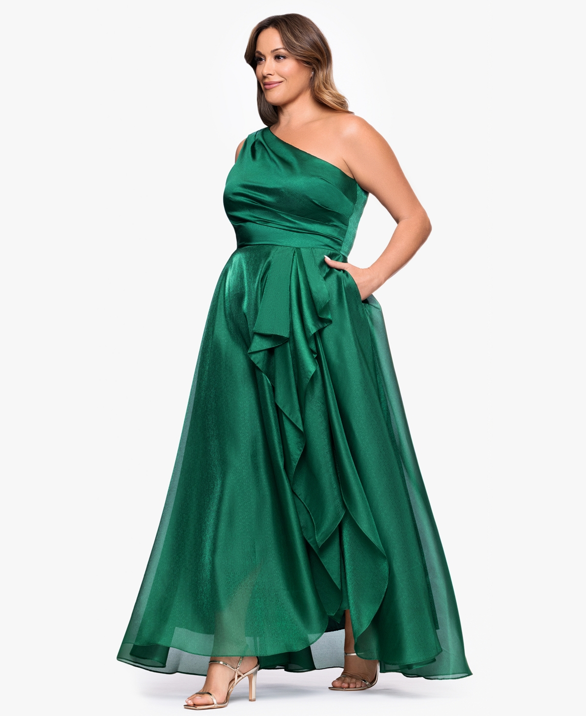 Xscape Plus Size One-shoulder Organza Ball Gown In Green