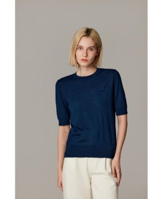 Women's Tissue Weight 75% Merino Wool 25% Silk Crew Neck Short Sleeve T Shirt Sweater | Ultra Soft Machine-Washable Sweaters