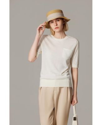 Women's Tissue Weight 75% Merino Wool 25% Silk Crew Neck Short Sleeve T Shirt Sweater | Ultra Soft Machine-Washable Sweaters