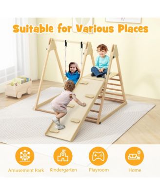 Kids 5-in-1 Indoor Playground w/ Slide Climbing Rock Adjustable Swing Wooden