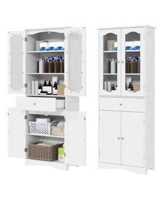63" MDF Bathroom Cabinet with Tempered Glass Doors, Adjustable Shelves and Large Drawer