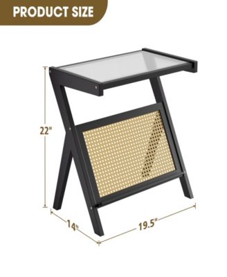 Rattan Side Table Bamboo Accent Bedside Table with Tempered Glass Top Black