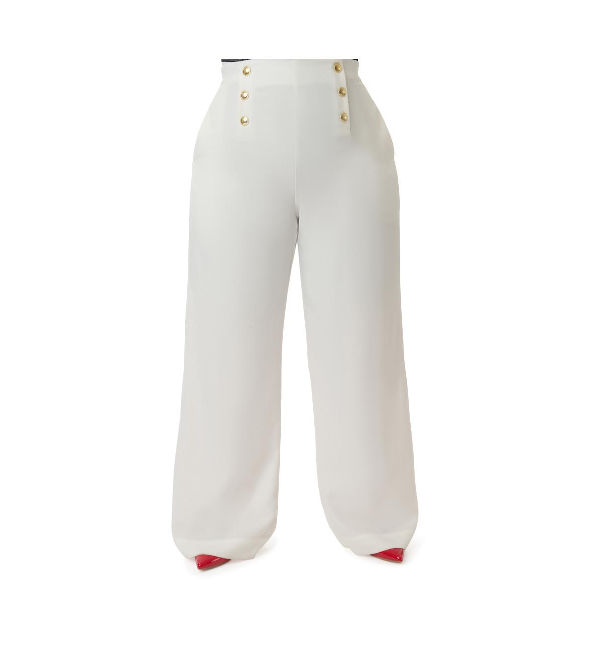 Plus Size Wide Leg Sailor Pants - White  gold