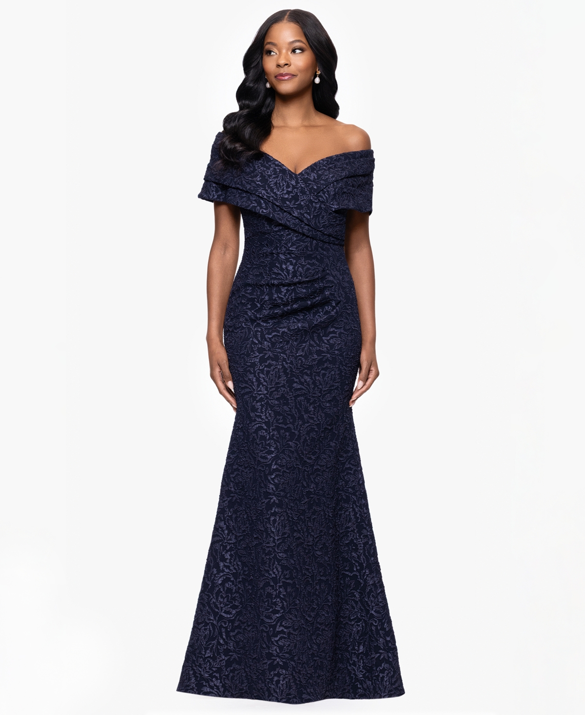 Petite Off-The-Shoulder Jacquard Dress - Navy