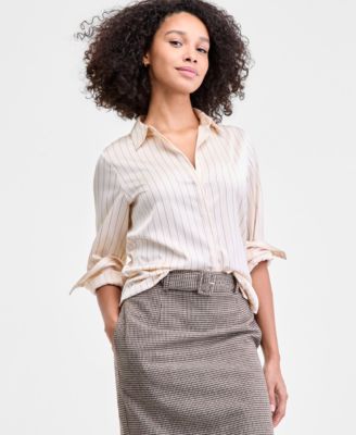 French Connection Womens Satin Pinstripe Blouse Houndstooth Belted Midi Skirt In Multi