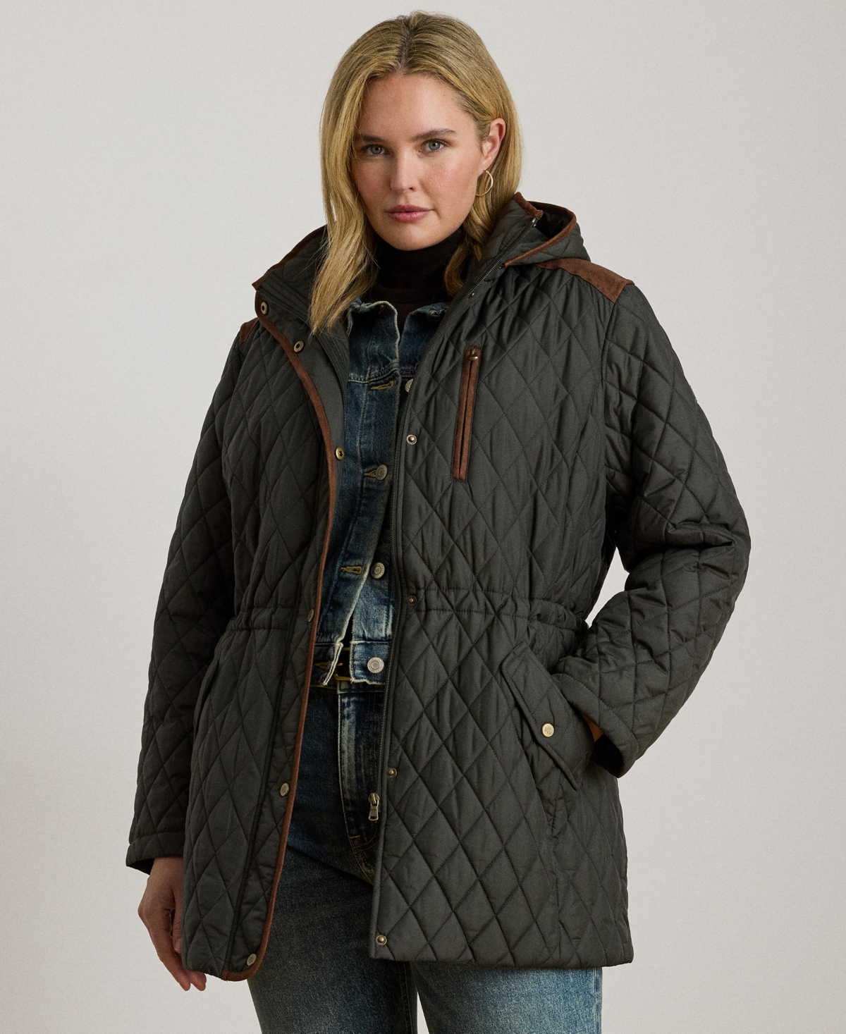 Ralph Lauren Plus Size Hooded Quilted Anorak Coat In Gray