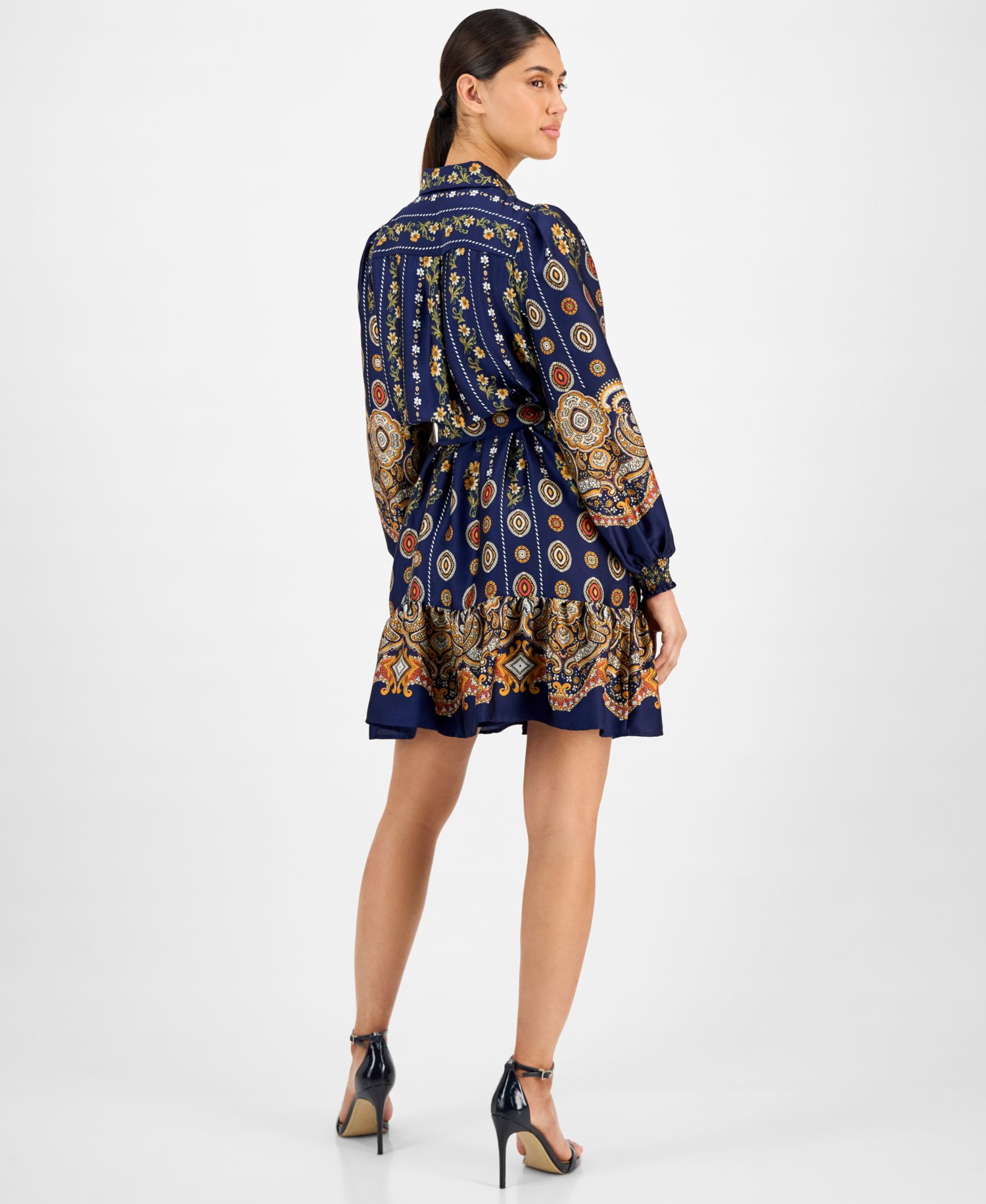 Women's Printed Satin Ruffle-Hem Shirt Dress