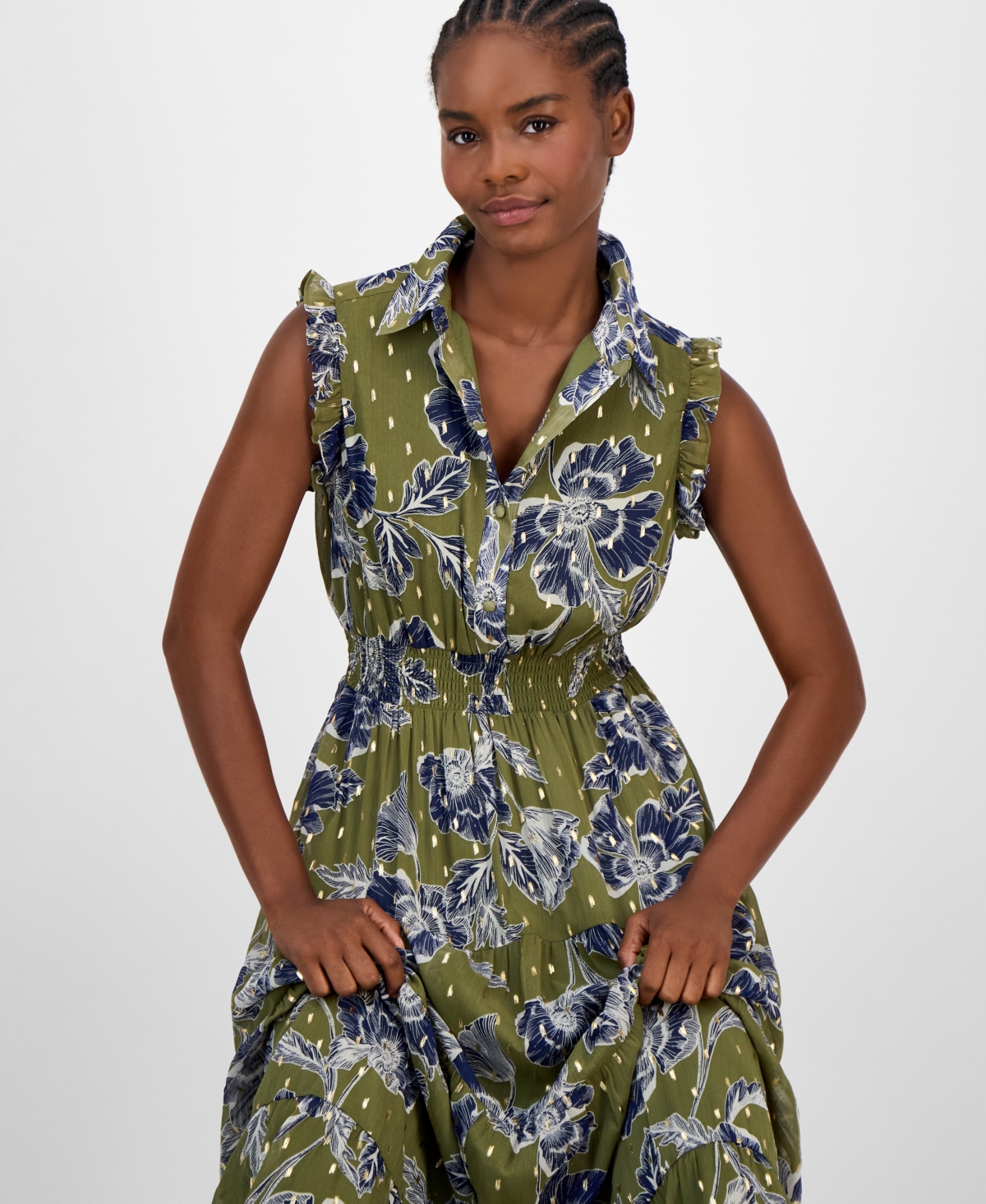Anne Klein Sleeveless Metallic Floral Print Shirtdress In Multi