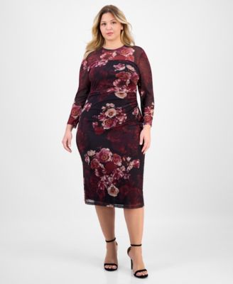 Anne Klein - Plus Size Floral Mesh Side-Ruched Midi Dress