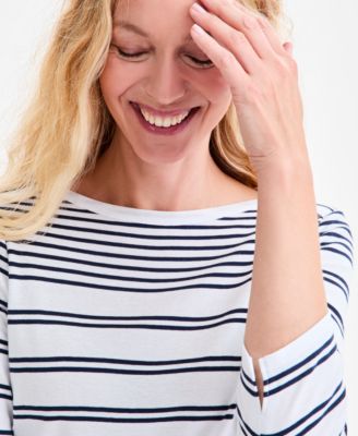 Petite Pima Cotton Split Stripe 3/4-Sleeve Boat-Neck Top, Macy's Exclusive